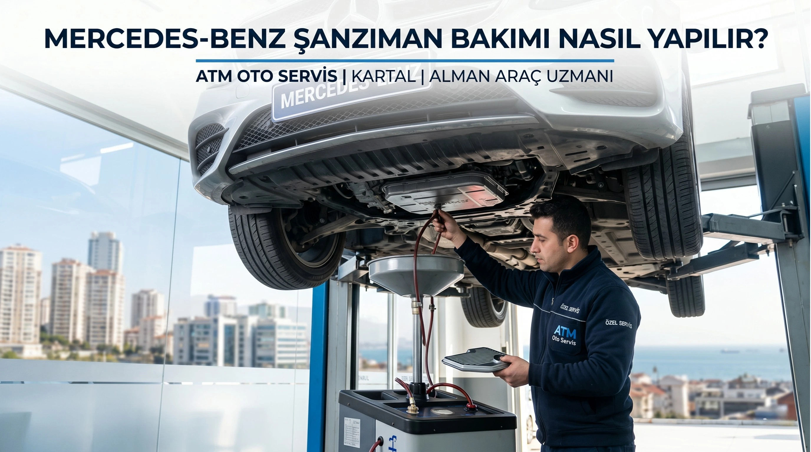 Atm Oto Servis Kartal'da bir Mercedes-Benz aracın şanzıman yağı ve filtresi değişimi yapılırken