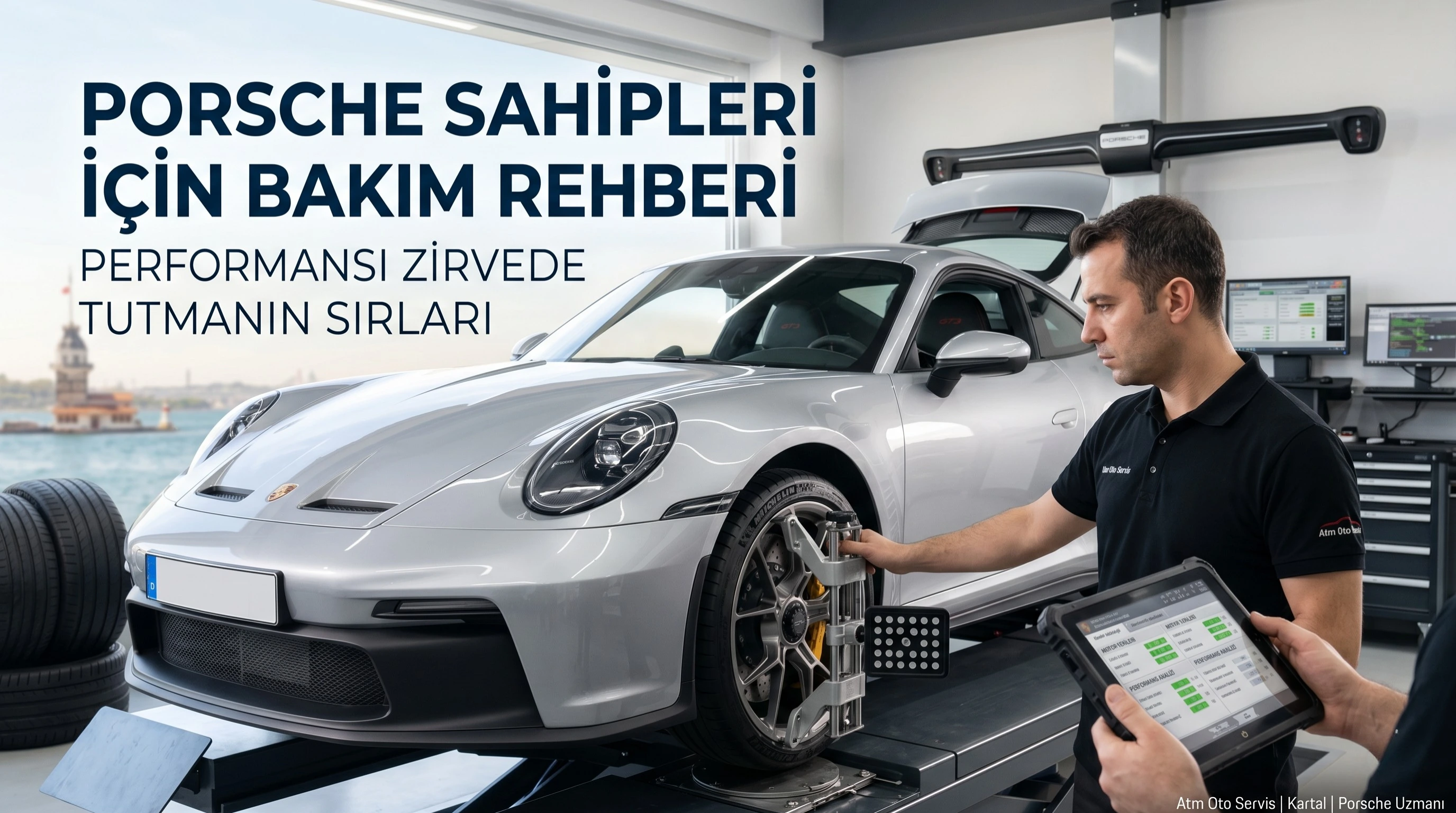 Kartal Atm Oto Servis'te bir Porsche 911 (992) motor ve fren sistemi kontrolü yapılırken