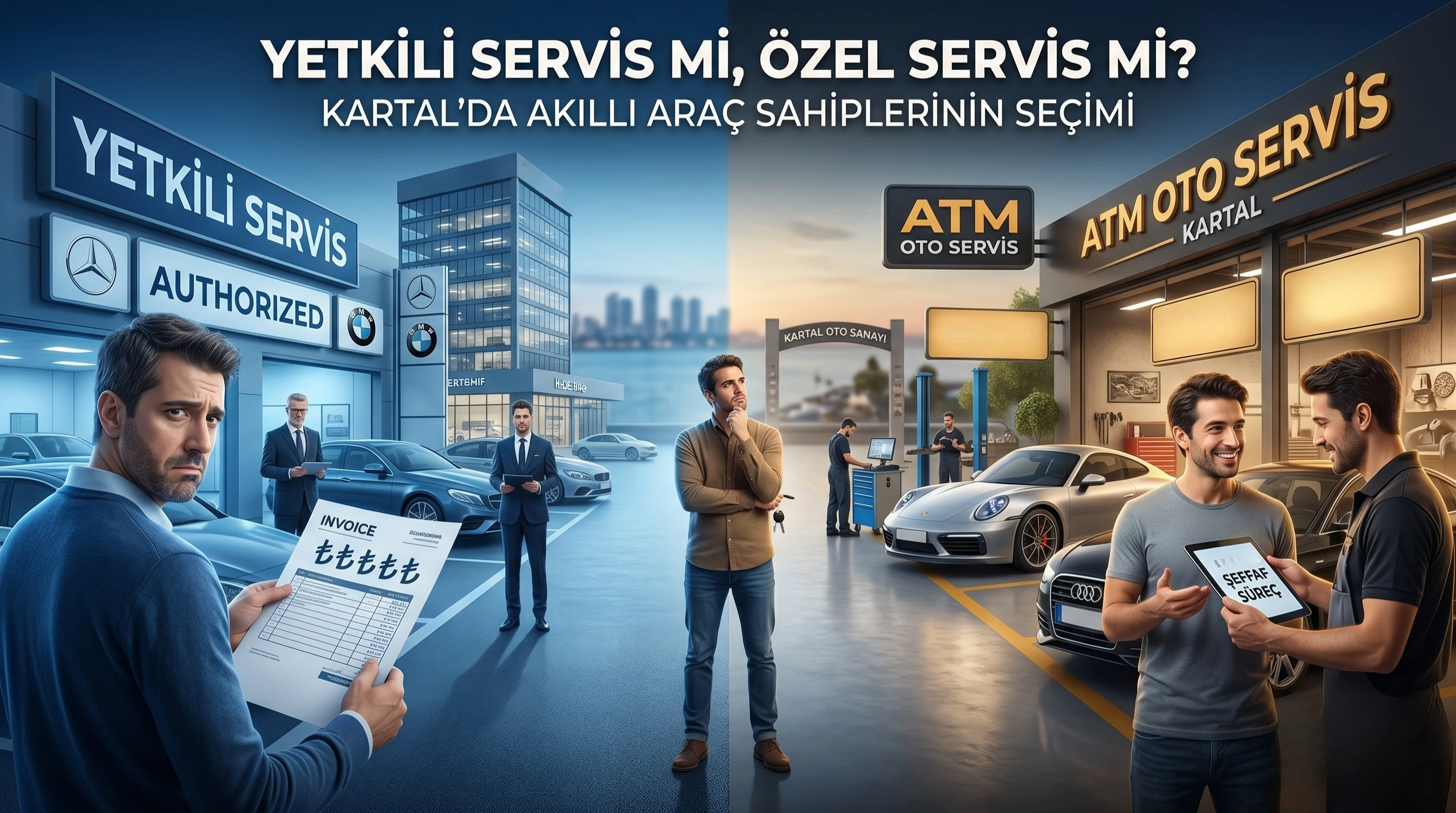 Atm Oto Servis Kartal'da modern arıza tespit cihazlarıyla kontrol edilen bir Porsche ve BMW araç