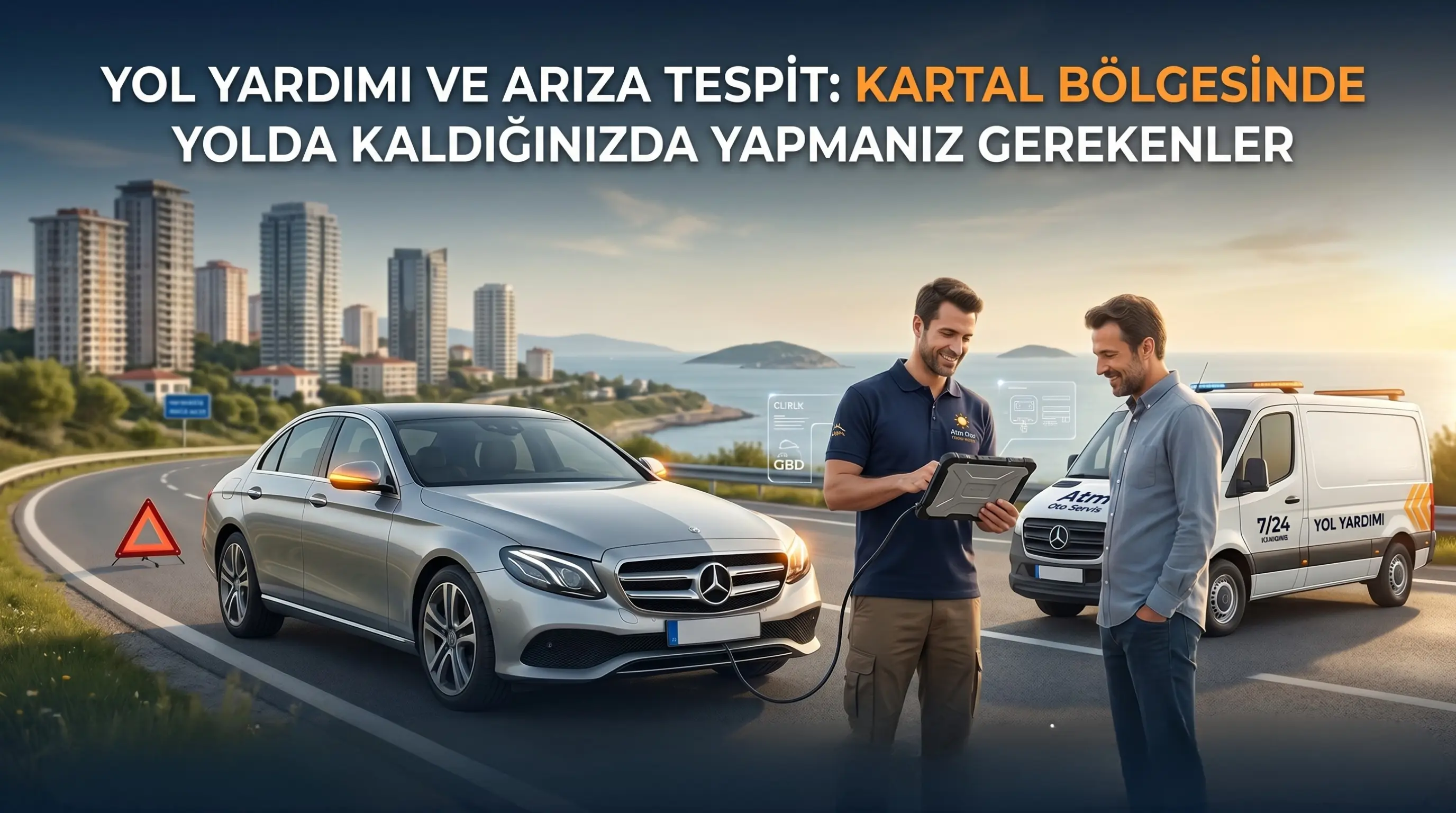 Kartal sahil yolunda arıza yapan bir araca Atm Oto Servis uzmanları tarafından bilgisayarlı arıza tespiti yapılması