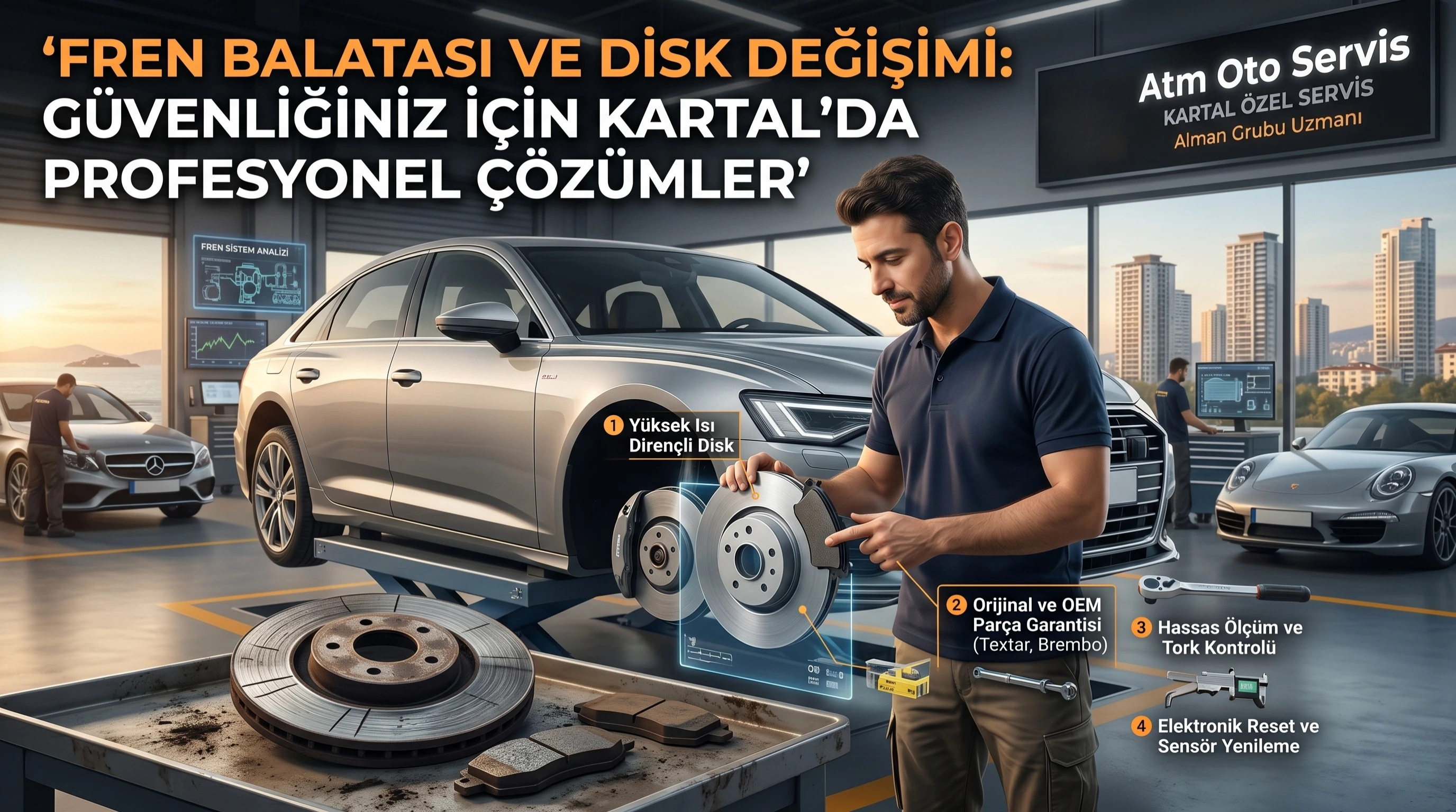Kartal Atm Oto Servis'te bir Audi A6 aracın aşınmış fren disklerinin yeni Brembo disklerle profesyonel değişimi