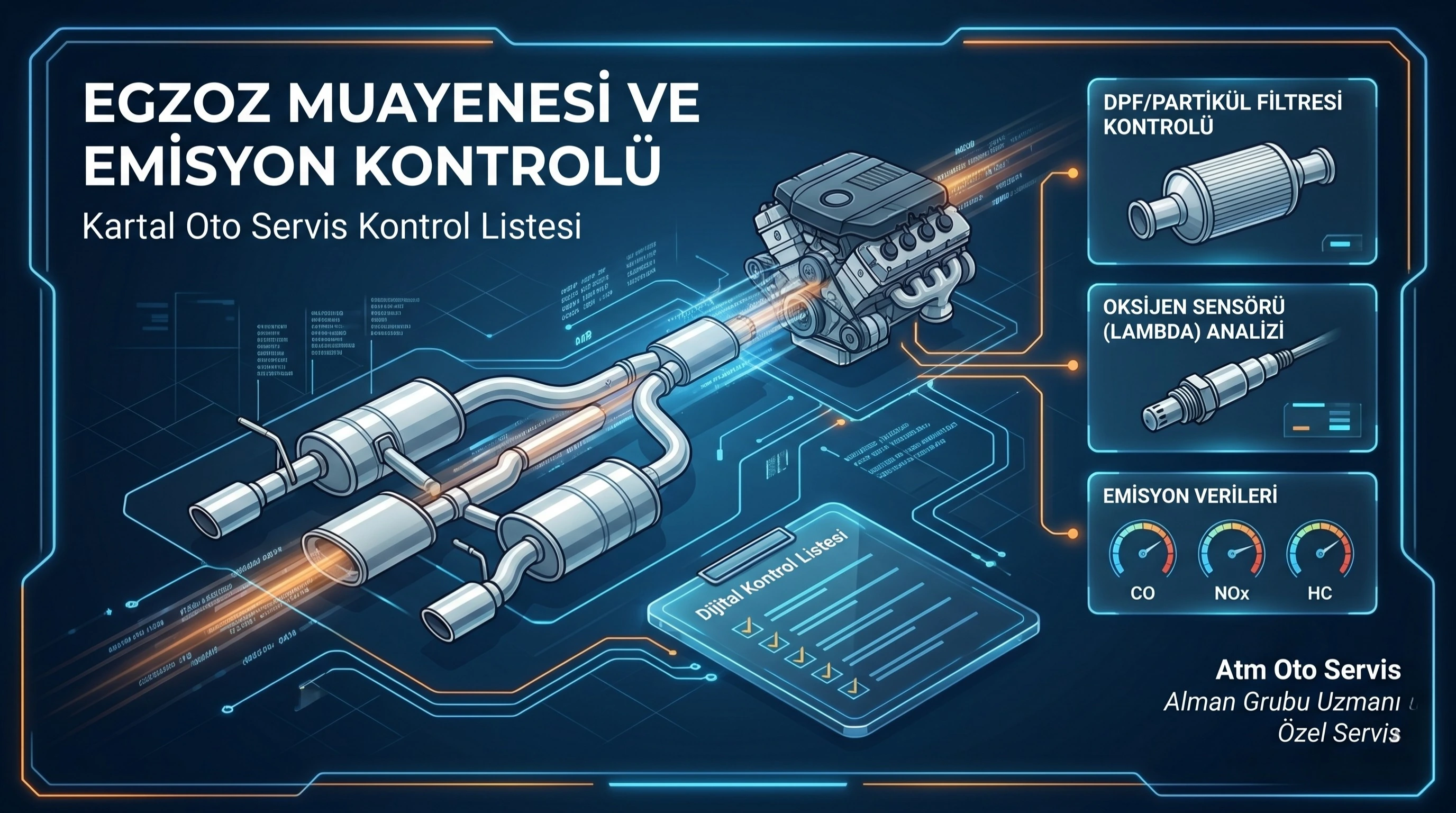 Kartal Atm Oto Servis'te bir aracın egzoz emisyon değerleri bilgisayarlı cihazla analiz edilirken